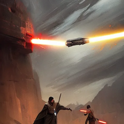 Image similar to star wars concept art by greg rutkowski, an epic lightsaber duel between two jedi and a sith, on a fortress surrounded by a stormy sea, stressful atmosphere, cinematic lighting, artstation hq
