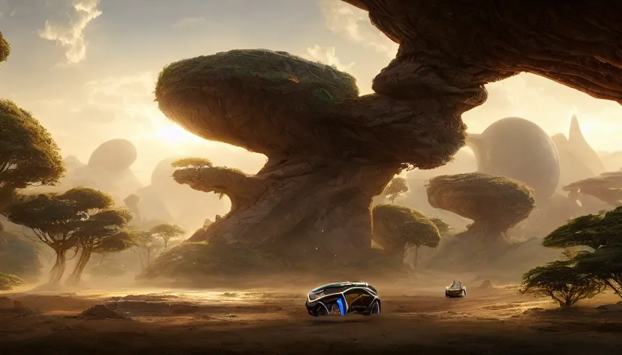 Image similar to a futuristic suv designed by ford driving through madagascar with baobabs trees, artgerm and greg rutkowski and alphonse mucha, an epic fantasy, volumetric light, detailed, establishing shot, an epic fantasy, trending on art station, octane render, midsommar