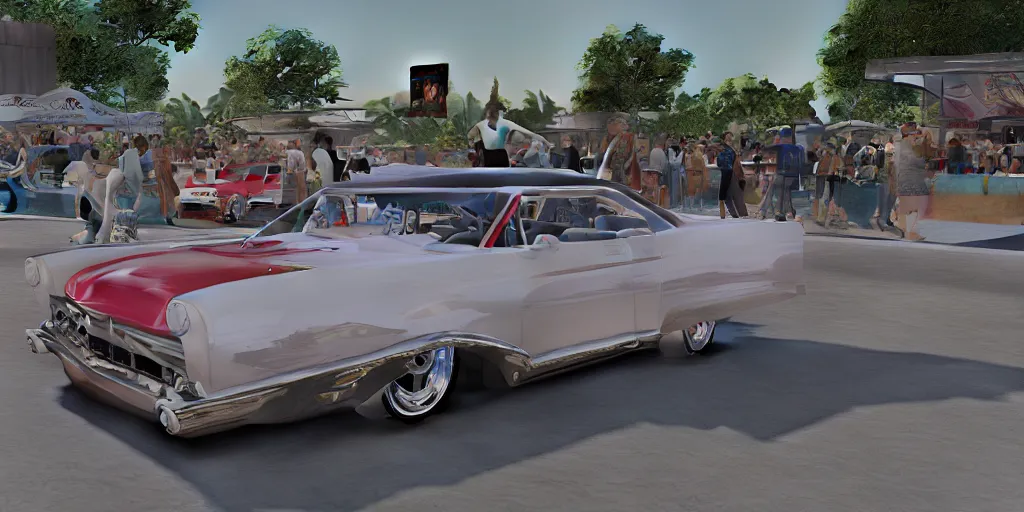 Image similar to highly detailed photo of an award winning lowrider, cruising at a car show, car bounce, air suspension, fan girls, 8 k, octane render, unreal engine, ue 5, photoshop, maya, ray tracing