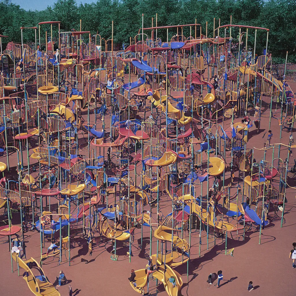 Prompt: full - color closeup 1 9 7 0 s photo of a vast incredibly - large complex very - dense tall many - level playground in a crowded schoolyard. the playground is made of dark - brown wooden planks, and black rubber tires. it has many spiral staircases, high bridges, ramps, and tall towers.