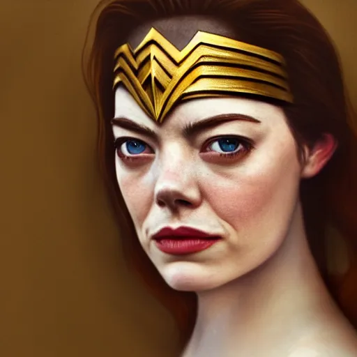 Image similar to cinematic upper third of emma stone as wonder woman, full costume, intricate, elegant, by alyssa monks, highly detailed, symmetrical face, fine details, masterpiece, trending on artstation