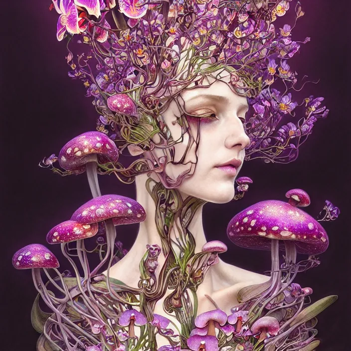 Image similar to extremely psychedelic organic cyborg made of orchid and cherry blossom tree and mushroom, diffuse lighting, fantasy, intricate, elegant, highly detailed, lifelike, photorealistic, digital painting, artstation, illustration, concept art, smooth, sharp focus, art by John Collier and Albert Aublet and Krenz Cushart and Artem Demura and Alphonse Mucha