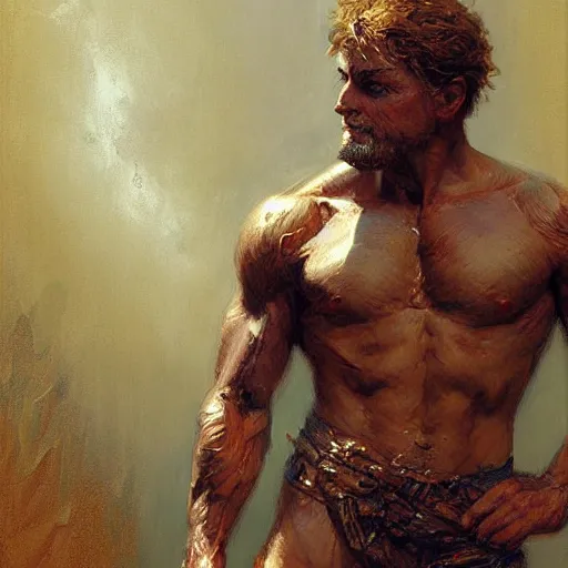 Image similar to Poor shepherd, 30 years old, playful, male, muscular, detailed face, thighs!!!! gorgeous, amazing, muscular, intricate, highly detailed, painting by Gaston Bussiere, Craig Mullins