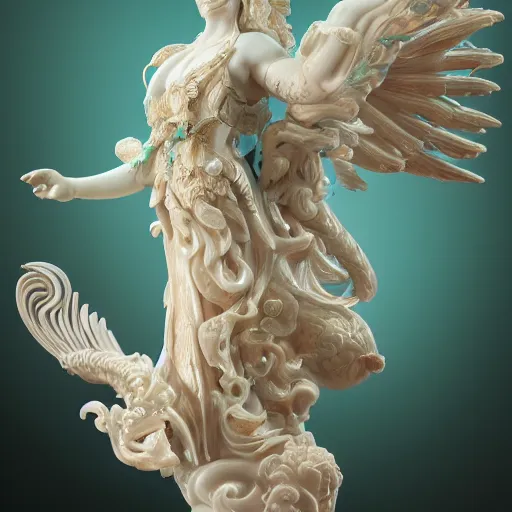 Image similar to a closeup photo, rococo alabaster and jade real delicate ceramic porcelain sculpture of an ornate detailed phoenix goddess in front of an intricate background by rafael, micro detail, backlit lighting, subsurface scattering, translucent, thin porcelain, emerald, jade, octane renderer, colorful, physically based rendering, trending on cgsociety