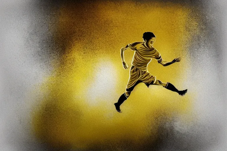 Prompt: beautiful serene amateur soccer player, healing through motion, life, minimalistic golden and ink airbrush painting on white background