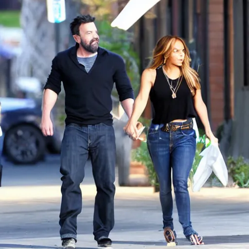 Prompt: photo of ben affleck hitting jennifer lopez with a beer can in his other hand