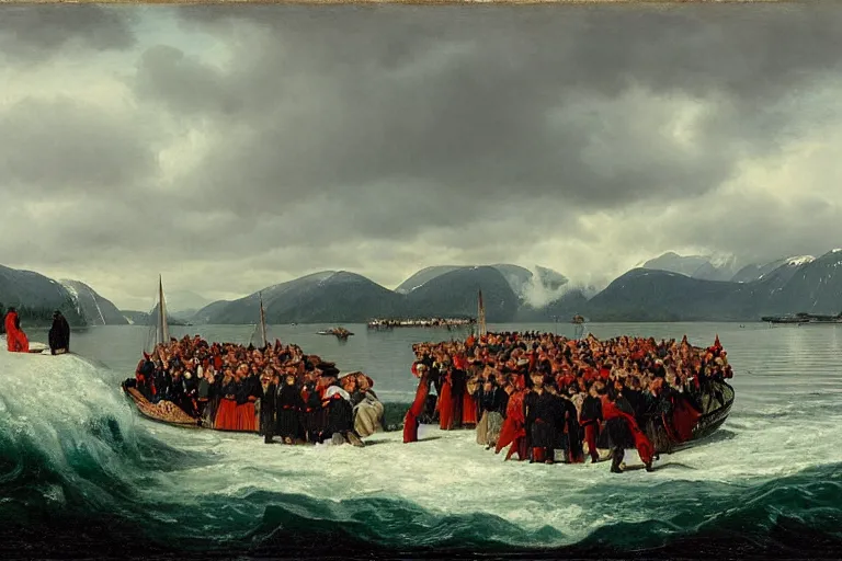 Prompt: a walrus attacking the bridal procession on the hardangerfjord by hans gude, adolph tidemand