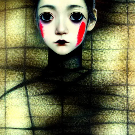 Prompt: yoshitaka amano blurred and dreamy realistic three quarter angle portrait of a young woman with black lipstick and black eyes wearing dress suit with tie, junji ito abstract patterns in the background, satoshi kon anime, noisy film grain effect, highly detailed, renaissance oil painting, weird portrait angle, blurred lost edges