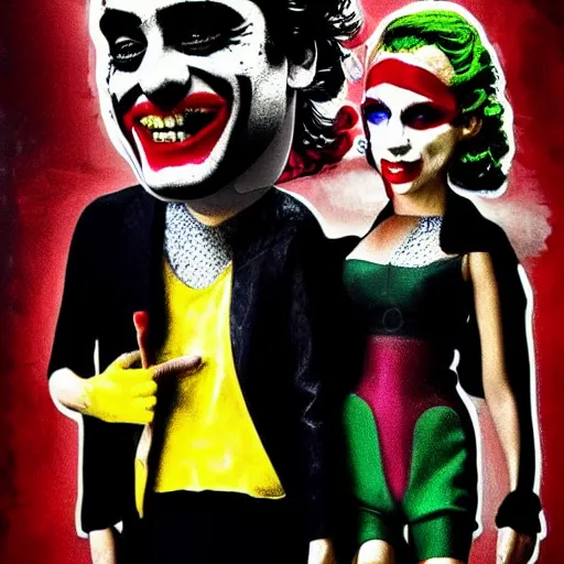 Image similar to mimmo rottela and banksy as joaquin phoenix skinny joker holding hand lady gaga harley queen, photorealistic, intricate details, pop art style, concept art, details object, random object movement, 3 colors, 4 k, 4 d, smooth, sharp focus