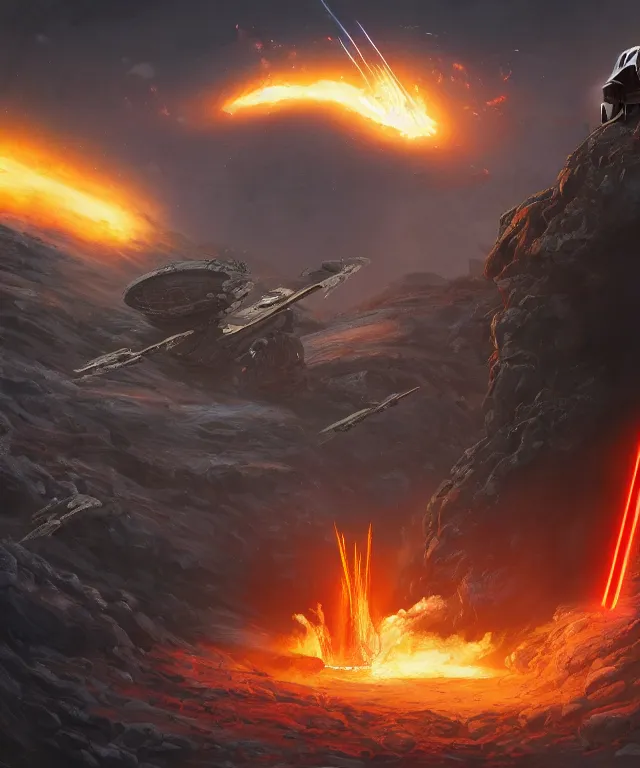 Image similar to Disney crossover of Star Wars and Spaceballs epic battle between Darth Vader and Dark Helmet on a planet with lava, Barf dies in the foreground, highly detailed, digital painting, trending on artstation, concept art, sharp focus, illustration