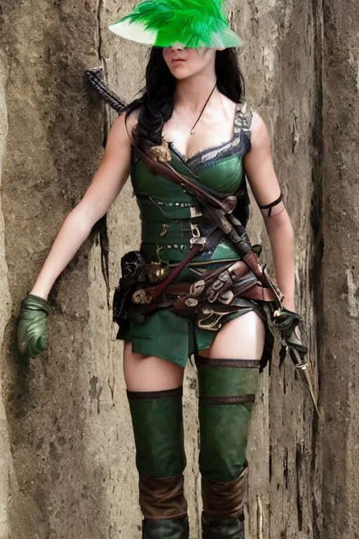 Image similar to fantasy character photo. female ranger. danielle campbell. brown dark forestgreen leather armor. jaunty, tilted, light - green, feathered little hat. black hair in ponytail. bright blue eyes. facial expression of manic obsessive love. leaning against the exterior wall of a tavern