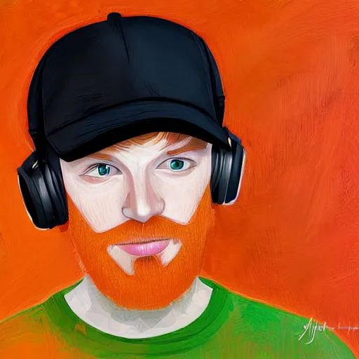 Prompt: streamer on twitch with black hat, stubble, ginger hair, orange hair, black cap, stubbles, red headphones, in the style of jeremiah ketner, art, abstract