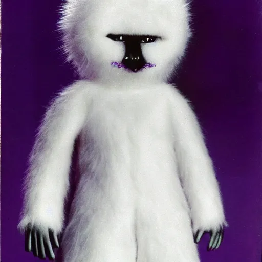 Image similar to a photo of a white fur monster standing in a purple room,