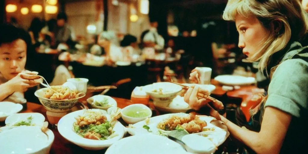 Prompt: “Bambi eating rice and fried shrimp in Chinese restaurant, realistic, 35mm film still, masterpiece”