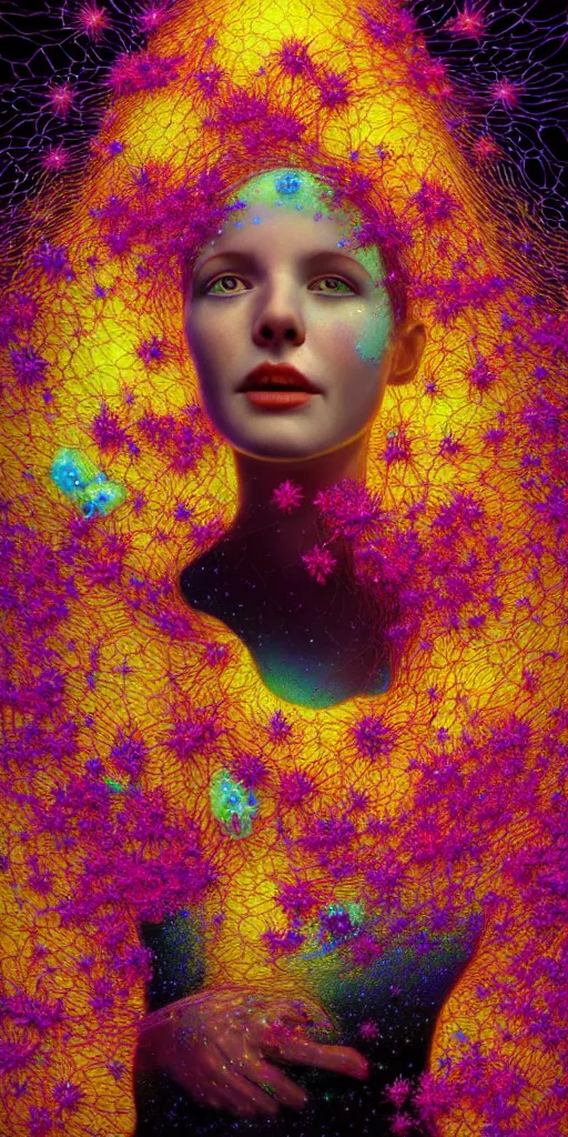 Image similar to hyper detailed 3d render like a Oil painting - portrait of Aurora (Singer) seen Eating of the Strangling network of yellowcake aerochrome and milky Fruit that covers her body and Her delicate Hands hold of gossamer polyp blossoms bring iridescent fungal flowers whose spores black the foolish stars by Jacek Yerka, Mariusz Lewandowski, Houdini algorithmic generative render, Abstract brush strokes, Masterpiece, Edward Hopper and James Gilleard, Zdzislaw Beksinski, Mark Ryden, Wolfgang Lettl, hints of Yayoi Kasuma, octane render, 8k