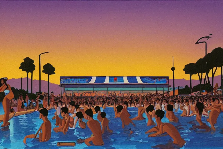 Prompt: stylistic oilpainting of a Punkband performing next to a swimming pool by sunset, painted by Hiroshi Nagai