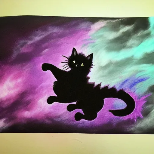 Image similar to super detailed black fluffy cat riding a purple dragon in a storm, ultrarealistic, highly detailed, soft colors