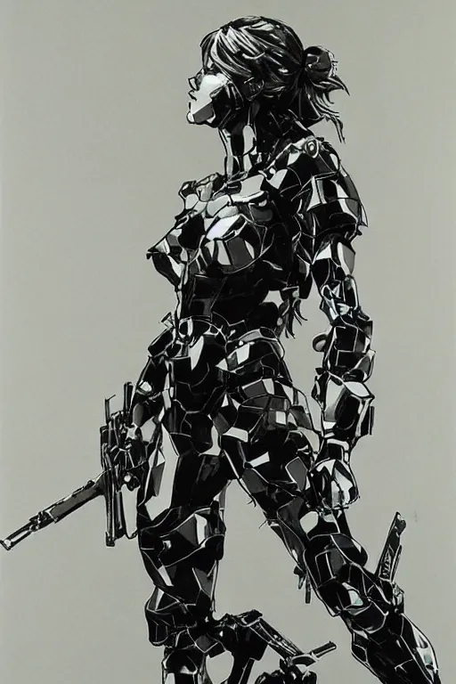 Prompt: full body girl metal armor painting by yoji shinkawa