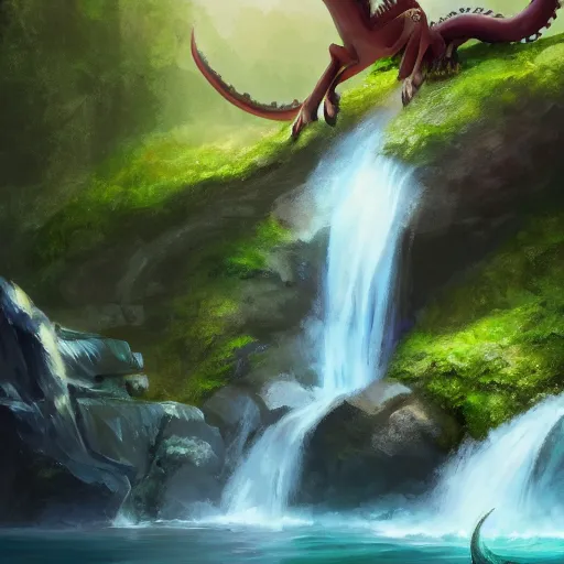 Image similar to beautiful photoshop commission of a slender dragon relaxing by a waterfall, digital painting, artstation, art by Jaime Jones