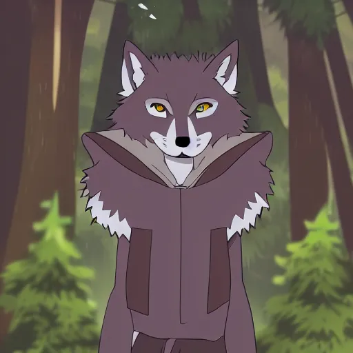 Prompt: key anime visual portrait of a handsome male anthro wolf furry fursona with beautiful eyes, wearing a hoodie in the forest, official modern animation