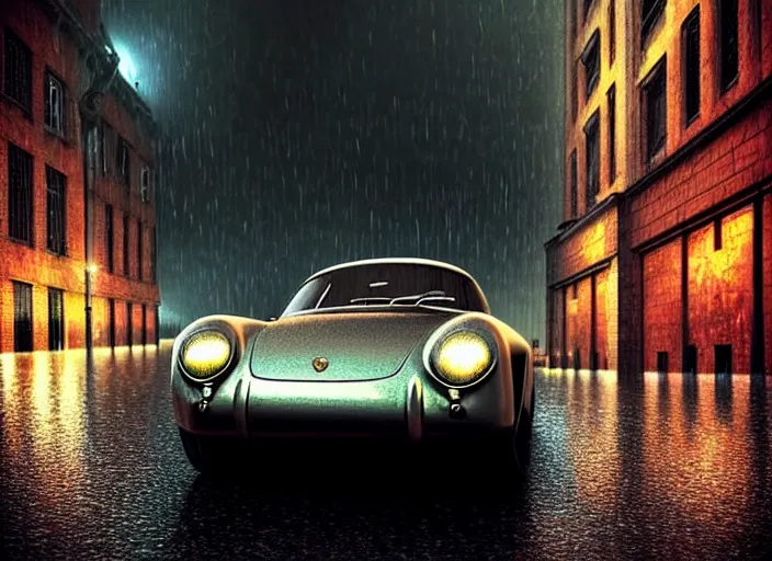 Prompt: beautiful extreme photo in style of frontiers rendered in octane 3d , stunning, coherent, beautiful painting, still of a Mysterious figure swings a heavy sledgehammer at a silver Porsche 550 with its headlights on, parked on the side of the road in the city of Cologne in the rain, by George Tooker, moody, ominous, lighting, hyper-realistic, , Edward Hopper and James Gilleard, Zdzislaw Beksinski, Steven Outram, highly detailedrich deep colors. rich deep colors. Beksinski painting, art by Takato Yamamoto , Wayne Barlowe. masterpiece. rendered in blender, ultra realistic, smooth shading, ultra detailed, high resolution, cinematic, unreal 6