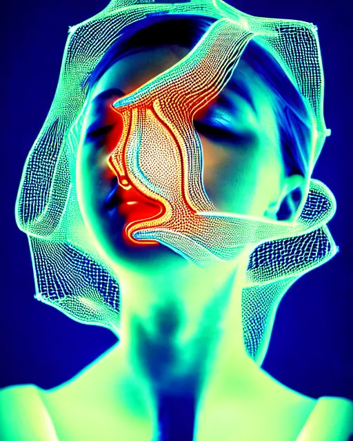 Prompt: beautiful young female with profile face eyes closed mouth open got an orgasm, analog, neon lights, hexagonal mesh fine wire, sinuous fine roots, alexander mcqueen, art nouveau fashion, steampunk, mandelbrot fractal, realistic photography, grainy image