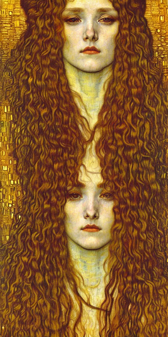 Image similar to detailed realistic beautiful young medieval queen face portrait by jean delville, gustav klimt and vincent van gogh, art nouveau, symbolist, visionary, gothic, pre - raphaelite, muted earthy colors, desaturated