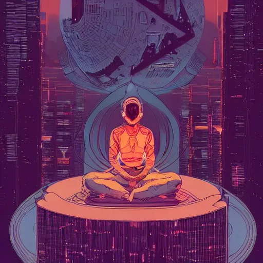 Prompt: Stunningly intricate illustration of a cyberpunk explorer meditating next to a floating triangular glowing monolith, highly detailed, midnight, by Victo Ngai and James Gilleard , Moebius, Laurie Greasley file:///Volumes/1TB_WD/photoshop/bing%20character%20related%20stuff/bing%20-%20logo%20character%20-%20pixelated/BING_COMMISSION%20NO%20BG.png