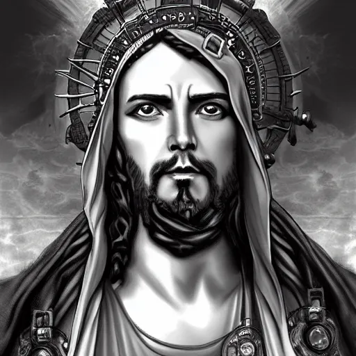 Prompt: steampunk Jesus, highly detailed, black and white matte painting