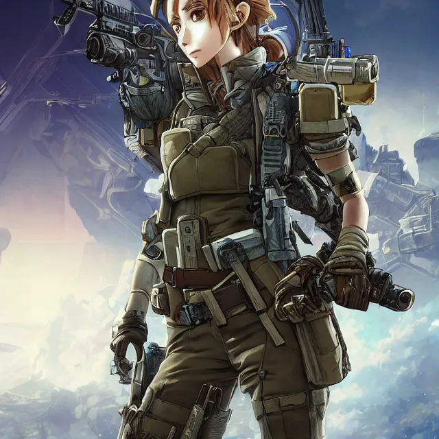 Image similar to the portrait of lawful neutral female futuristic marine sniper as absurdly beautiful, gorgeous, elegant, young anime girl, an ultrafine hyperdetailed illustration by kim jung gi, irakli nadar, intricate linework, bright colors, octopath traveler, final fantasy, unreal engine 5 highly rendered, global illumination, radiant light, detailed and intricate environment