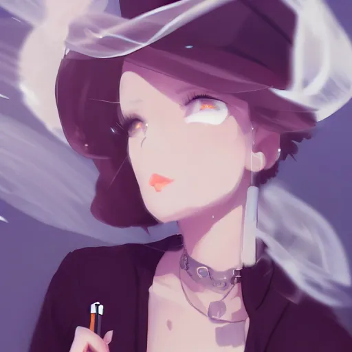 Image similar to boss elegant girl smoking a cigarette by krenz cushart stu dts yoshiku wlop, dark, black dress white smoke, cinematic lighting, back lit, chromatic aberration, white smoke, trending on ArtStation Pixiv, anime girl