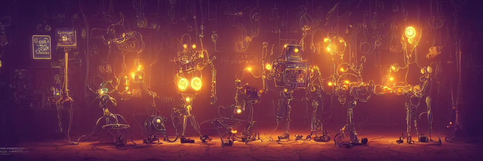 Image similar to a beautiful tapestry of a dream, a robot standing, ultra detailed, dark, steampunk, moody, candles, neon signs, infographic, characters from machinarium, by don bluth, trending on artstation, octane render
