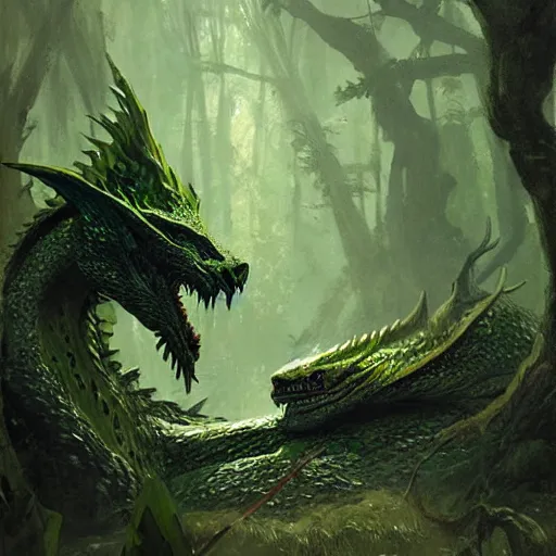 Image similar to green dragon sleeping in a swamp, fantasy, dnd, art by greg rutkowski