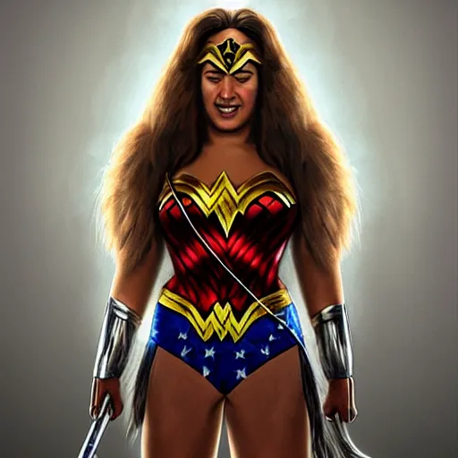 Prompt: hyper realistic portrait of chewbacca caricature as wonder woman