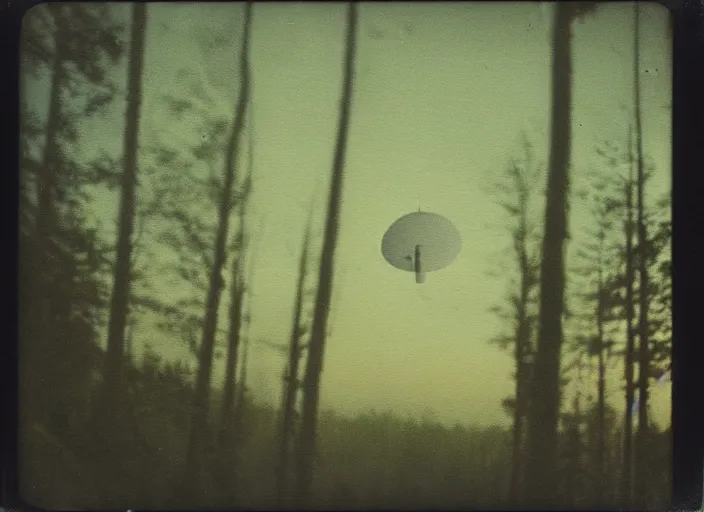 Prompt: aged blurry polaroid photograph of a ufo hovering above a forest at dusk