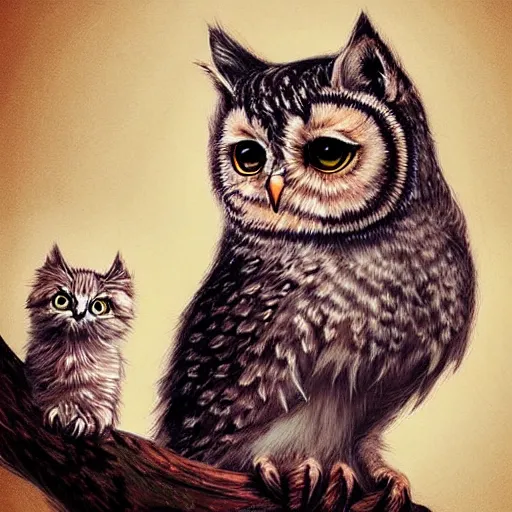 Image similar to a wise owl and a cute kitten, digital art, concept art, gemmy woud binnendijk, nixeu, artgerm