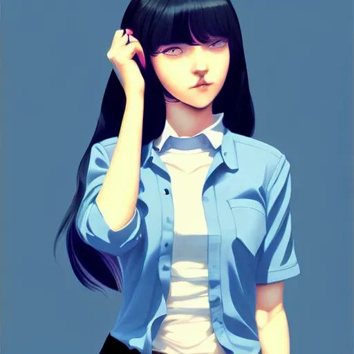 Image similar to urban high school girl in shirt fanart, dark blue long hair, muted colors, matte print, pastel colors, ornate, digital art, digital painting, fan art, elegant, artstation, by Ilya Kuvshinov