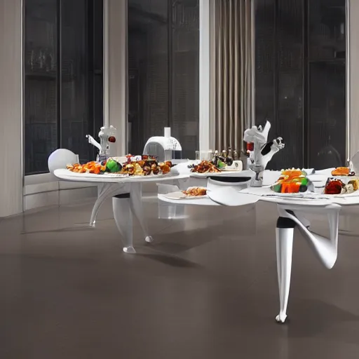 Image similar to three large white glossy kuka industrial robot arms on the floor around a dinner table full of food, the kuka industrial robot arms are wearing bow ties, they are having a dinner party inside a posh fine dining restaurant with retro modern furniture and decor, global illumination, artstation, fantasy, volumetric light