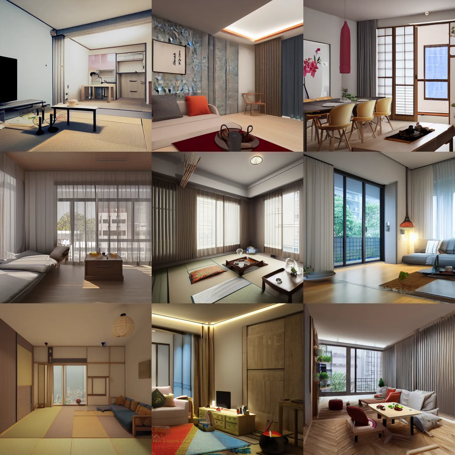 Prompt: japanese apartment, render, octane, 4k, highly detailed, vivid colors, high definition
