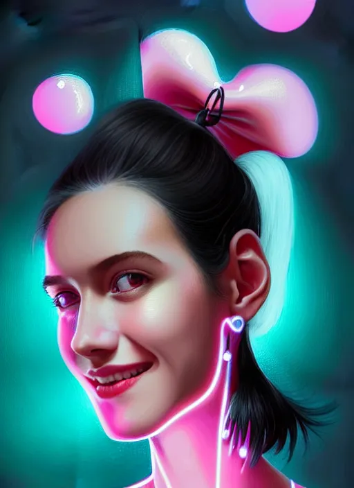 Image similar to portrait of high school girl, realistic, black hair, bangs, half updo hairstyle, pointy nose, skinny, smile, ugly, defined jawline, big chin, pink hair bow, earrings, intricate, elegant, glowing lights, highly detailed, digital painting, artstation, sharp focus, illustration, art by wlop, mars ravelo and greg rutkowski