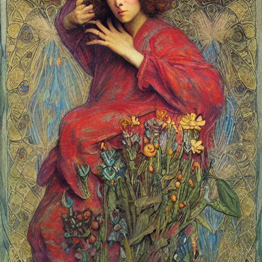 Image similar to the flower prince, by Annie Swynnerton and Annie Stegg Gerard, embroidered robes, floral tattoos, bioluminescent, elaborate costume, geometric ornament, symbolist, soft colors, dramatic lighting, smooth, sharp focus, extremely detailed