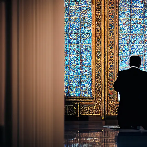 Image similar to Trump praying in mosque, award winning cinematic photography, 50 mm, blurred background, perfect faces