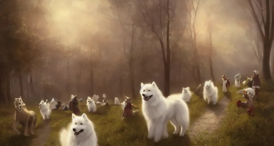 Prompt: the great victorian samoyed parade, beautiful, soft lighting, artstation, storybook,