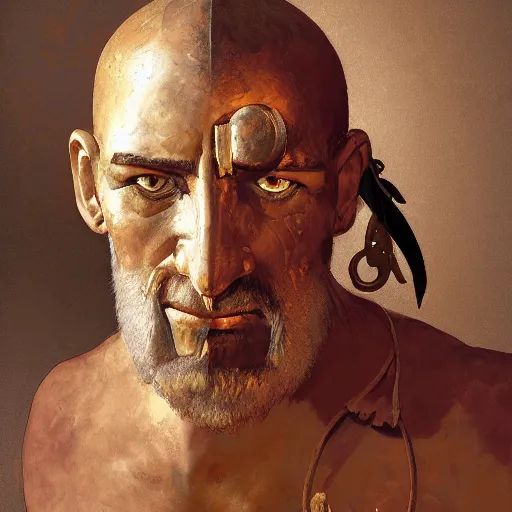 Image similar to a scrappy bronze age thief man, ancient mesopotamia, hiding, opportunistic expression, sword and sandal character portrait by nasreddine dinet ilya kuvshinov, craig mullins, edgar maxence, alphonse mucha