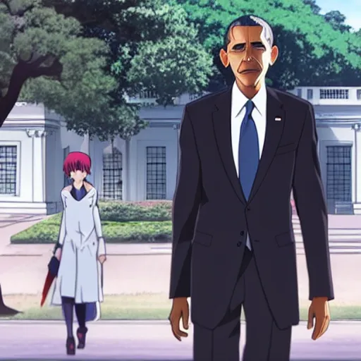 Prompt: a shoot of barack obama at the white house walking away from a woman in anime movie