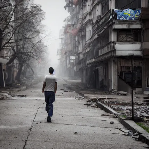 Prompt: a photo of a man walking around an abandoned city after a pandemic. Taken with a Canon EOS 5D.