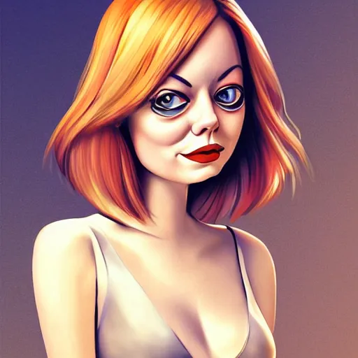 Prompt: emma stone portrait by vince ruz, cartoon face, pixar - inspired, glamorous, character art, digital illustration, big eyes, triangular face, semirealism, realistic shaded perfect face, fine details, realistic shaded lighting