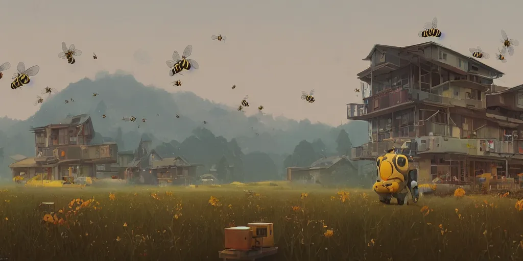 Image similar to honey bee world and hives by Goro Fujita and Simon Stalenhag , 8k, trending on artstation, hyper detailed, cinematic