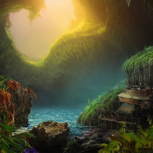 Prompt: a rusty shipwreck at the bottom of a prehistoric jungle cave, lush flora, waterfall, mountains, flowers, vines, sunset, hazy, volumetric lighting, rtx on, washed out dark colors, an award - winning digital render, beautiful, stunning, ultradetailed, great composition