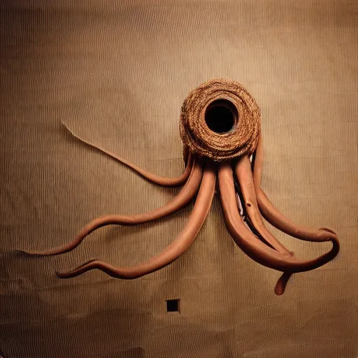 Image similar to tentacles made of brown corrugated cardboard, cut out of cardboard, realistic photography, fantasy